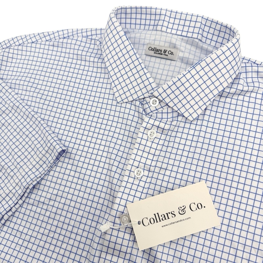 Collars & Co. Polo Shirt Mens 2XLT Blue White Grid Short Sleeve Dress Collar NEW